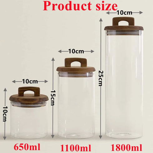 650/1100/1800ml Glass Food Storage Jar with Wooden Lid – Canister for Coffee, Tea, Grains & Snacks
