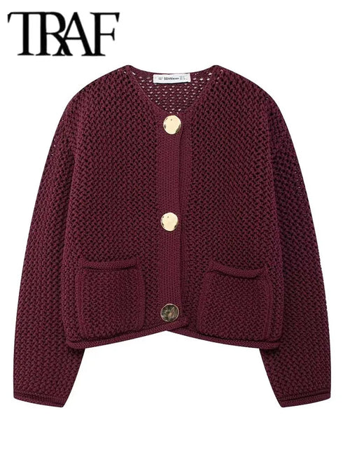 Women’s Casual Knitted Cardigan – Long Sleeve Button-Down Sweater with Slight Stretch, Regular Fit, Short Length, Solid Color, High Street Fashion for Winter –