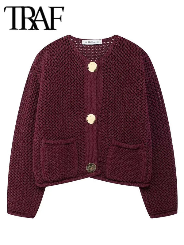 Women’s Casual Knitted Cardigan – Long Sleeve Button-Down Sweater with Slight Stretch, Regular Fit, Short Length, Solid Color, High Street Fashion for Winter –