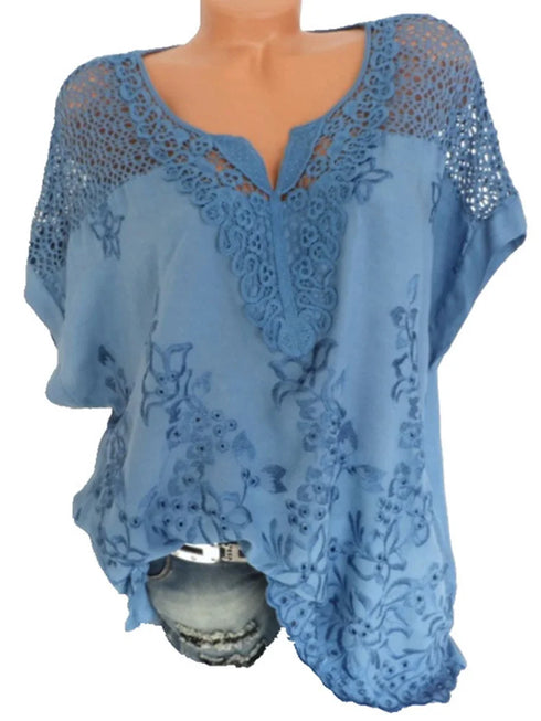 Solid Color Lace-Trimmed Loose Fit Casual Top with Short Sleeves and Office Lady Styling for Middle-Aged Women