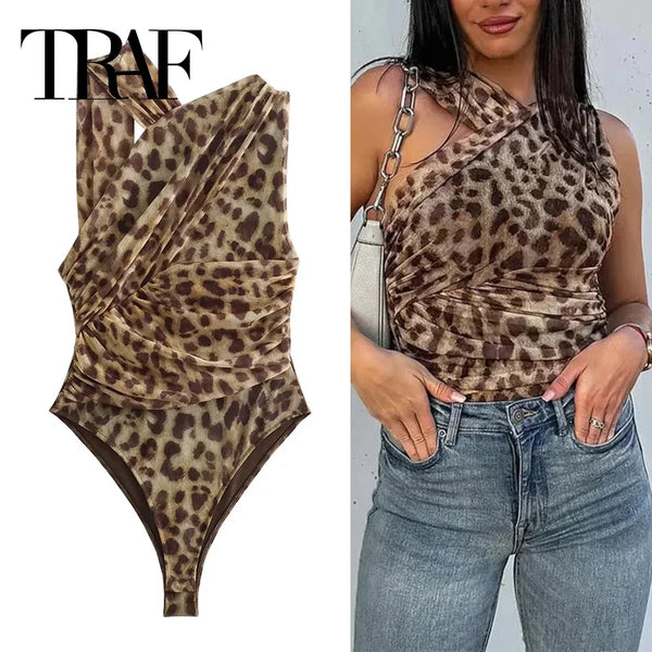 TRAF Women's Leopard Print Off-Shoulder Mesh Bodysuit – Sleeveless, Tulle-Accented Slim Fit Lingerie Top for Summer and High Street Fashion
