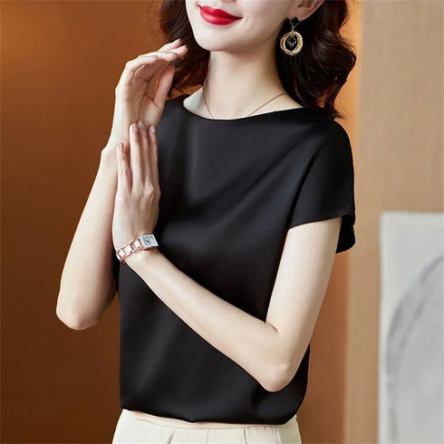 Solid Color Midweight TAT-Woven Polyester Top with Regular Length and No Closure, Designed for Middle-Aged Women Seeking a Sophisticated Office Lady Style