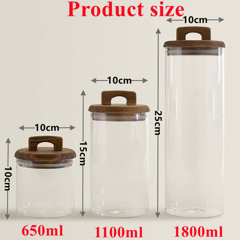 650/1100/1800ml Glass Food Storage Jar with Wooden Lid – Canister for Coffee, Tea, Grains & Snacks