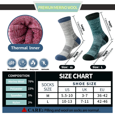 5 Pairs Merino Wool Hiking Socks - Long Outdoor Winter Stockings for Men & Women, Warm Cushioned Boot Socks