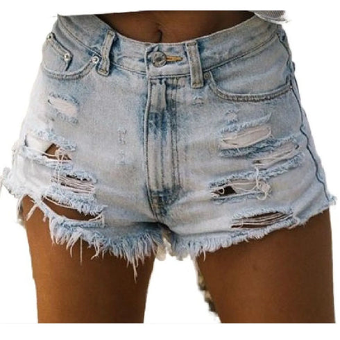 Women Solid Hole Denim Shorts-High Waist Shorts