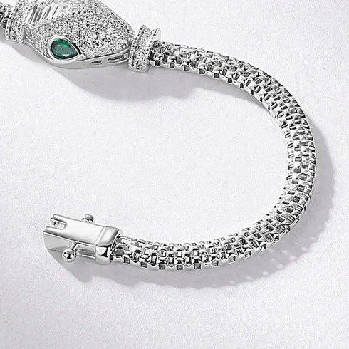 925 Sterling Silver Snake Bracelet – Hollow Snake Head with Green Eyes, Unisex Jewelry