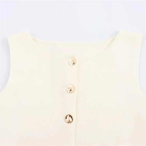 TRAF Women’s Summer 2024 Knitted Button-Front Vest – Sleeveless Tailored V-Neck Outerwear Top in Solid Polyester Blend – Elegant High Street Style for Casual and Formal Looks