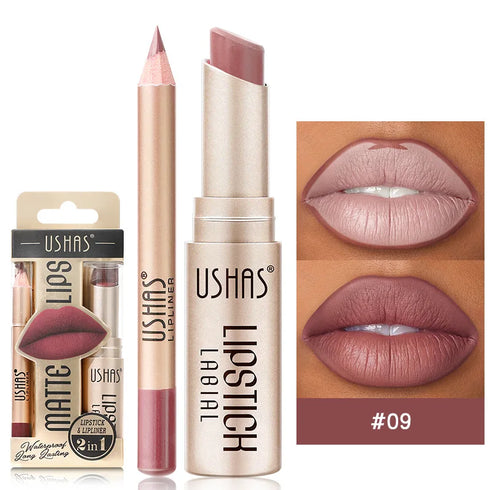 USHAS 2-in-1 Long-Lasting Lipstick & Lip Liner Set – Matte, High-Pigment, Smudge-Proof Nude & Red Shades for Bold, Defined Lips
