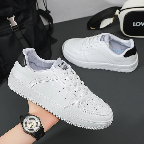 White Leather Sneakers for Men-Casual Lightweight Flat Shoes