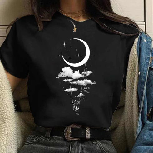 90s Girl Moon Print T Shirt for Women-Casual Tee Shirt