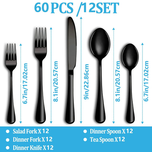 60-Piece Black Stainless Steel Silverware Set – Flatware for 12, Modern Cutlery Set with Forks, Knives, Spoons, Dishwasher Safe