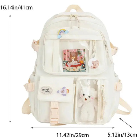 Preppy Student Backpack - Cute Nylon School Bag with Badge Pendant for Girls