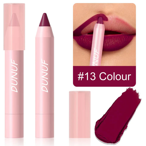 DUNUF 18-Color Waterproof Lipstick Pencil – Smudge-Proof Matte Lip Liner & Full Coverage Lipstick for Bold & Defined Lips