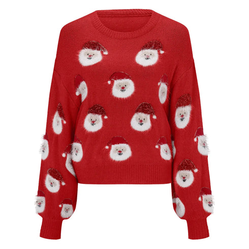 Women’s Christmas Santa Knit Sweater – Festive Long Sleeve Pullover with Furry Details