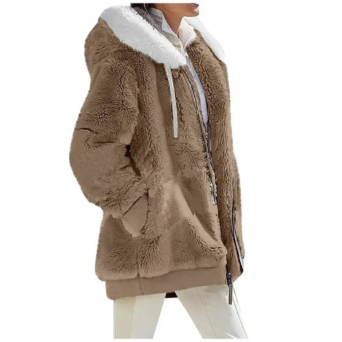 Women's Thick Cashmere & Polyester Hooded Jacket – Streetwear Style for Winter