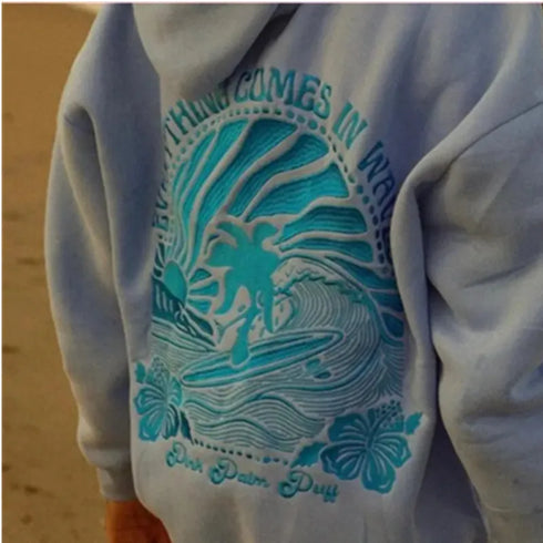 Premium Cotton-Polyester Fleece Pullover Featuring Unique “Everything Comes in Waves” and Hawaii Hibiscus Designs, Comfortable Fit for Everyday Wear