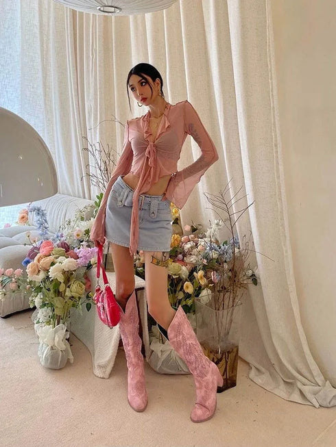 Women’s Slim Fit Lace-Up Pullover Blouse with Turn-Down Collar and Flare Sleeves – High Stretch Broadcloth Fabric, Short Length, Sexy Club Style for Middle Age, Summer