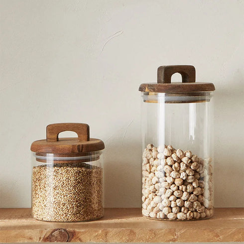 650/1100/1800ml Glass Food Storage Jar with Wooden Lid – Canister for Coffee, Tea, Grains & Snacks