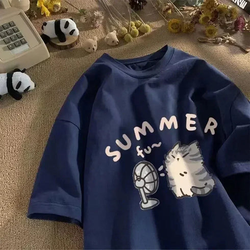 2024 Summer Relaxed Tshirt-Short Sleeve Creative Cat Top Tee