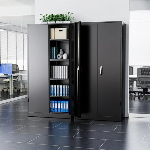 72" Black Metal Storage Cabinet with Locking Doors and 4 Shelves - Steel Lockable File Cabinet