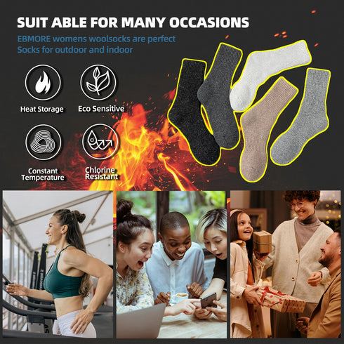 5 Pairs Merino Wool Knee-High Socks for Men & Women - Cashmere Blend, Thick Warm Knit Boot Socks for Winter