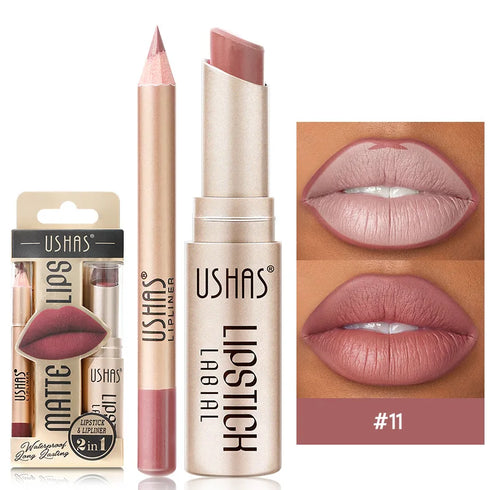 USHAS 2-in-1 Long-Lasting Lipstick & Lip Liner Set – Matte, High-Pigment, Smudge-Proof Nude & Red Shades for Bold, Defined Lips