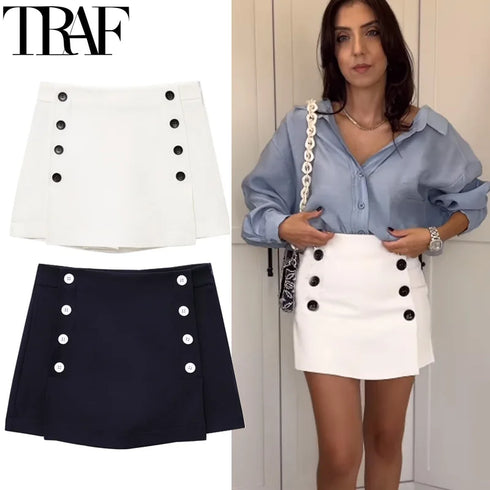 Women's Asymmetrical High-Waist Skort - Elegant Blue and White Buttoned Skirt Shorts for Summer High Street Fashion (2025 Edition)