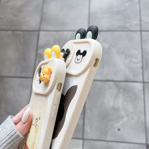 3D Ears Cartoon Sliding Camera Case | Stitch, Mickey, Minnie, Winnie Bear Design for iPhone 11-16 Pro Max, XR, XS, and More