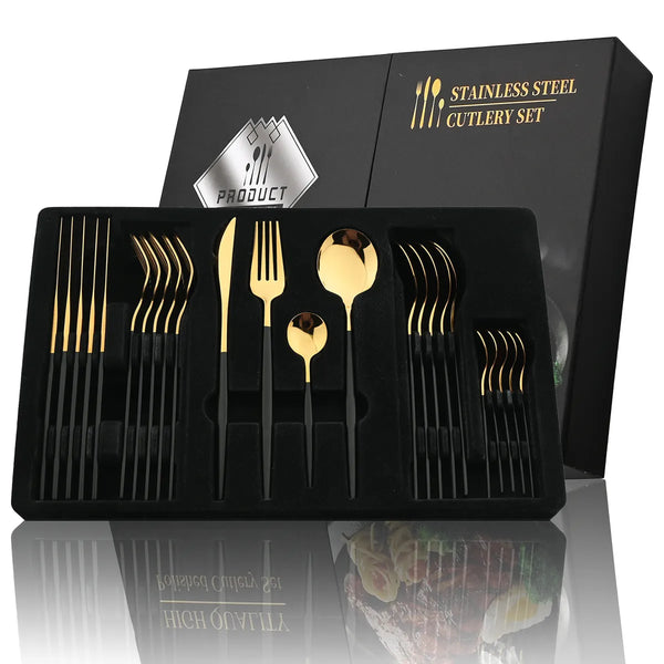 24Pcs Black Handle Gold Cutlery Set – Stainless Steel Knife Fork Spoon Flatware Dinnerware