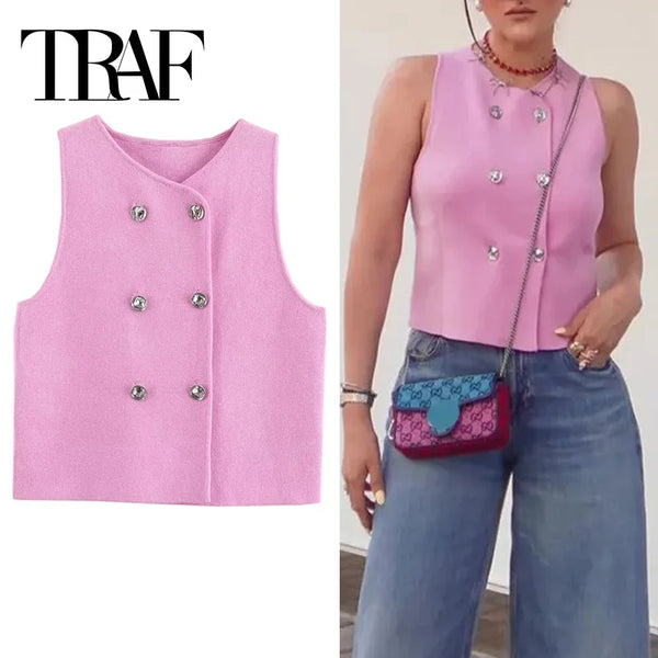 TRAF Women’s Sleeveless Pink Knit Vest – Cropped High Street Style Double-Breasted Summer Outerwear with Button Detailing