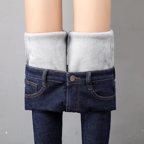 Women's High-Waisted Skinny Jeans – Thick Denim Pencil Pants for Winter