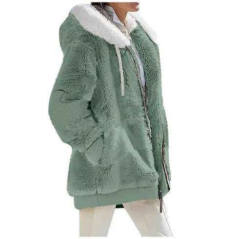 Women's Thick Cashmere & Polyester Hooded Jacket – Streetwear Style for Winter