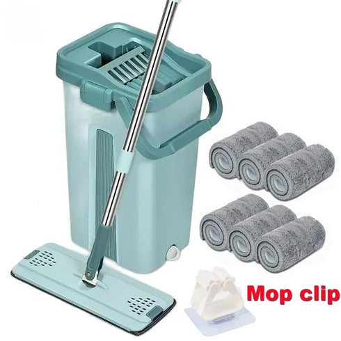 Hand-Free Flat Squeeze Mop with Bucket – Microfiber Pads for Wet/Dry Floor Cleaning