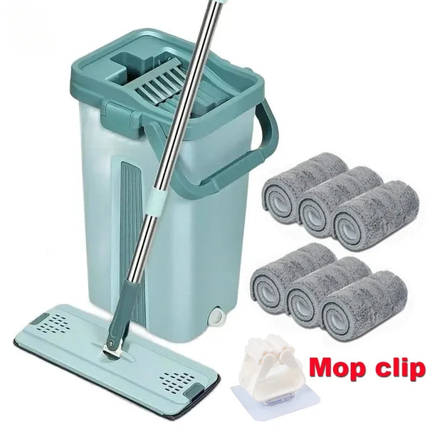 Hand-Free Flat Squeeze Mop with Bucket – Microfiber Pads for Wet/Dry Floor Cleaning