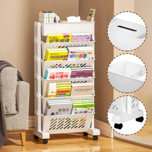 Movable Book Shelf on Wheels - Creative DIY Storage Bookcase, Display Stand