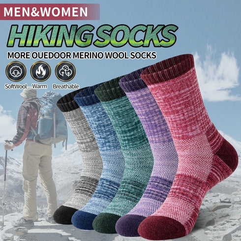 5 Pairs Merino Wool Hiking Socks - Long Outdoor Winter Stockings for Men & Women, Warm Cushioned Boot Socks