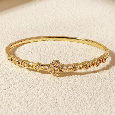Trendy Copper with Zirconium Plant Design Bangle Bracelet for Women – Gold Plated, Simple & Elegant Jewelry