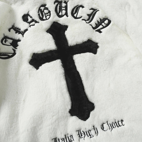 Cross Embroidery Oversized Fleece Jacket – Harajuku Streetwear Hip Hop Fluffy Zipper Coat for Men