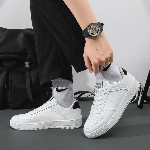 White Leather Sneakers for Men-Casual Lightweight Flat Shoes