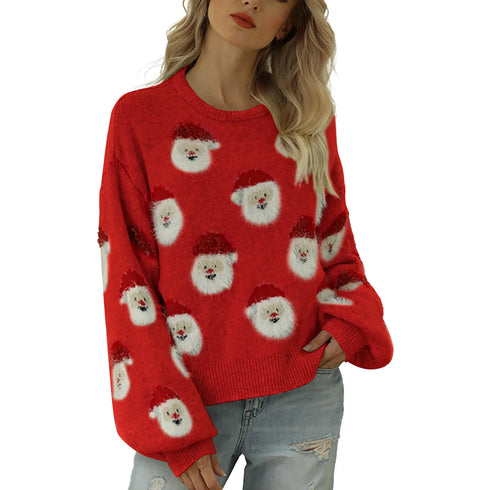 Women’s Christmas Santa Knit Sweater – Festive Long Sleeve Pullover with Furry Details