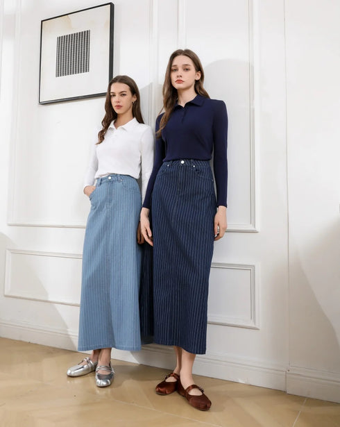 Pinstripe Denim Skirt for Women – Casual Ankle-Length A-Line Skirt
