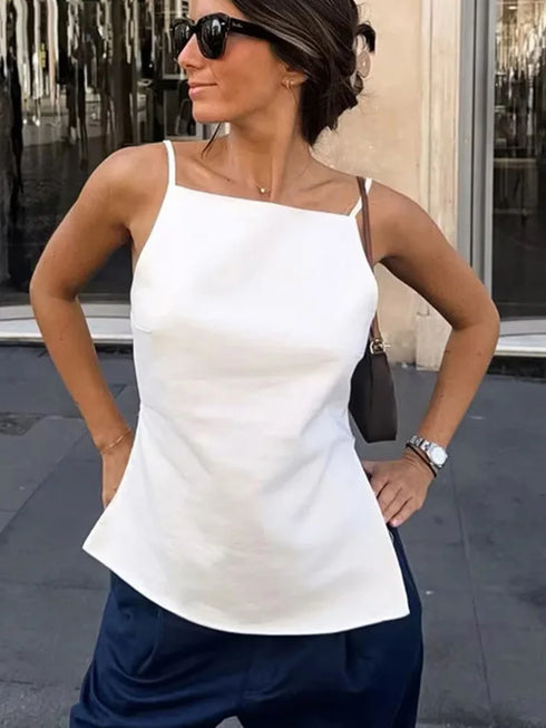 TRAF Women’s Lace-Up Backless Camisole Top – High Street Fashion Crop Top in Classic White and Black, Non-Stretch Broadcloth Fabric Designed for Middle-Aged Women’s Summer Wardrobe