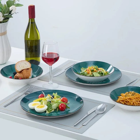 12-Piece Green Marble Porcelain Dinnerware Set – Plates and Bowls for 4, Premium Round Kitchen Dish Set, Microwave & Dishwasher Safe