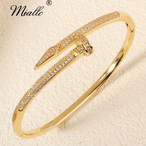 Trendy Copper with Zirconium Plant Design Bangle Bracelet for Women – Gold Plated, Simple & Elegant Jewelry