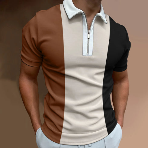 Men's Solid Striped Polo Shirt-Short Sleeve Casual Top-Zipper Collar Polo