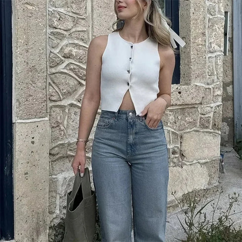 TRAF Women’s Sleeveless Knit Button-Up Slim Sweater Top – Single-Breasted O-Neck Slim Fit Crop Cardigan in Solid Colors with Slight Stretch for Middle-Aged Women’s All-Season Streetwear