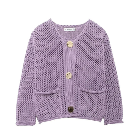 Women’s Casual Knitted Cardigan – Long Sleeve Button-Down Sweater with Slight Stretch, Regular Fit, Short Length, Solid Color, High Street Fashion for Winter –