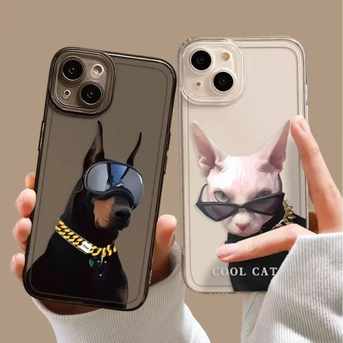 Funny Sunglasses Cat and Dog Couples Phone Case – Transparent, Shockproof, and Scratch-Resistant Bumper Case for iPhone