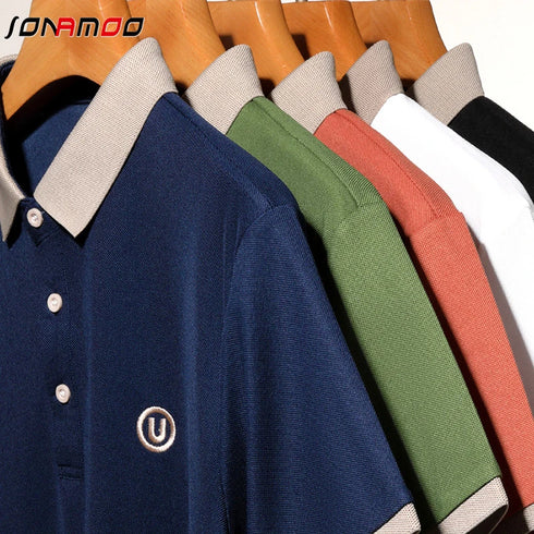 Men’s Casual Knit Polo Shirt – Anti-Wrinkle Polyester, Short Sleeve, Embroidered Detail