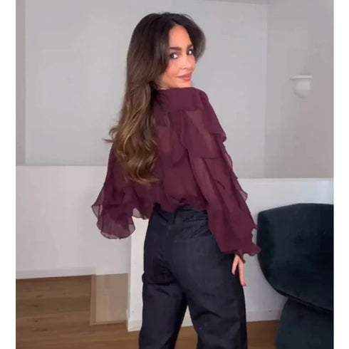 TRAF Women’s Ruffled V-Neck Chiffon Blouse – Long Sleeve Semi-Sheer Mori Girl Style Top with Butterfly Sleeves and Loose Fit – Spring/Summer 2025 Casual Fashion for Ladies